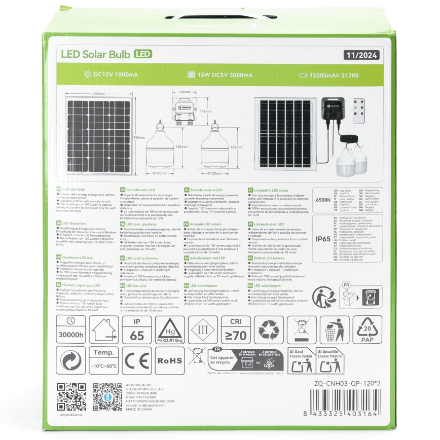 Aigostar - LED-aurinkokäyttöinen riippuvalaisin 2xLED/70W/12V 12000 mAh 6500K IP65 halkaisija 12 cm + kaukosäädin