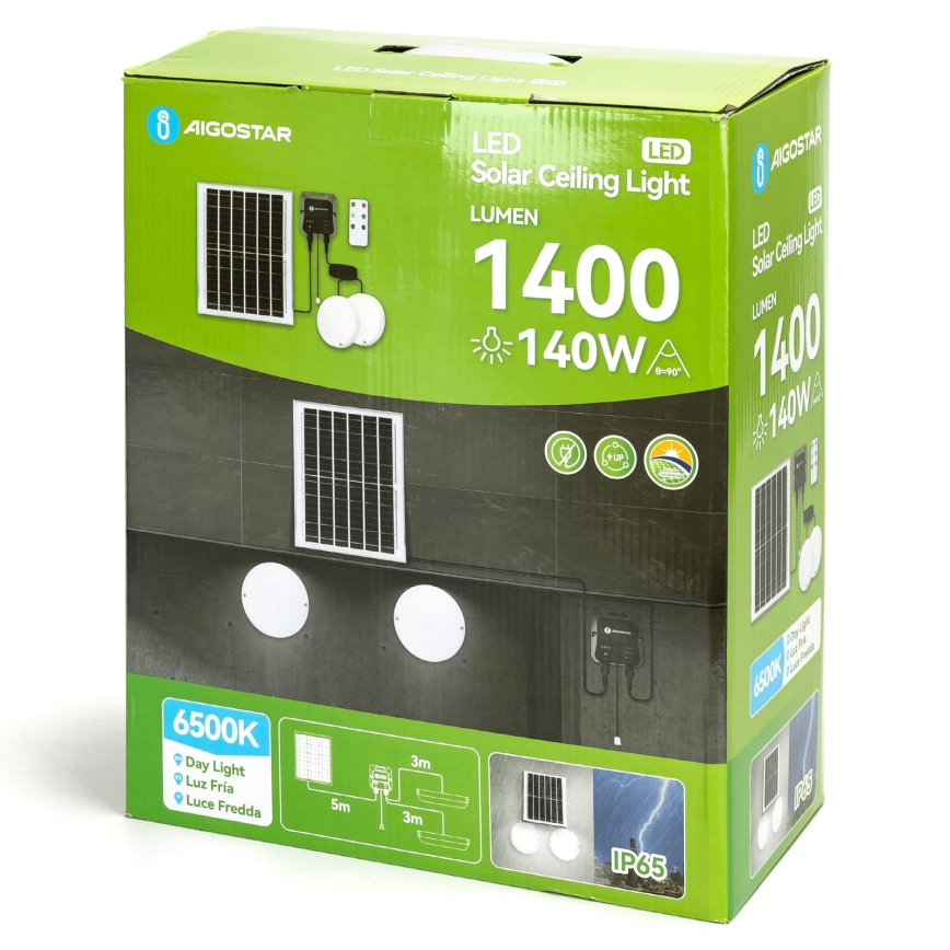 Aigostar - LED-aurinkovalaisin 2xLED/70W/12V 12000 mAh 6500K IP65 halkaisija 20,5 cm + kaukosäädin