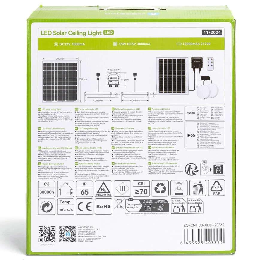 Aigostar - LED-aurinkovalaisin 2xLED/70W/12V 12000 mAh 6500K IP65 halkaisija 20,5 cm + kaukosäädin