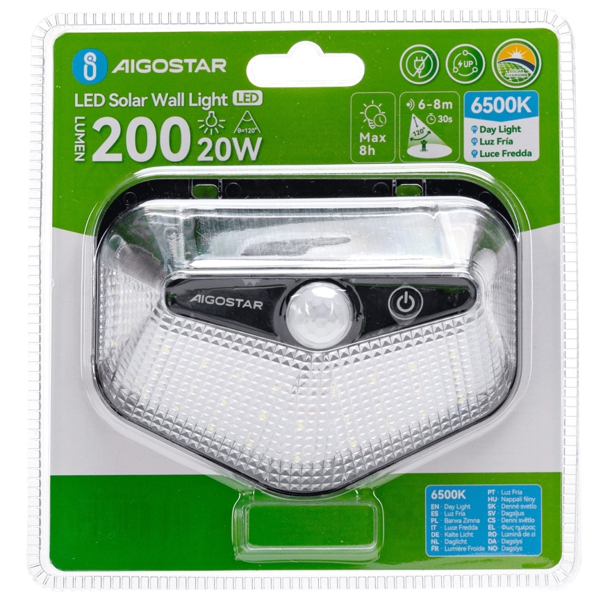 Aigostar - LED aurinkovalaisin anturilla LED/3,7V 6500K 500 mAh IP65 musta