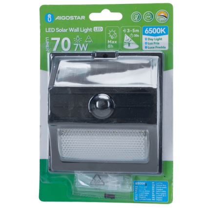 Aigostar - LED-aurinkovalaisin anturilla LED/3,7V 6500K 500 mAh IP65 musta