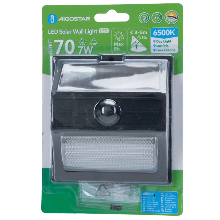 Aigostar - LED-aurinkovalaisin anturilla LED/3,7V 6500K 500 mAh IP65 musta