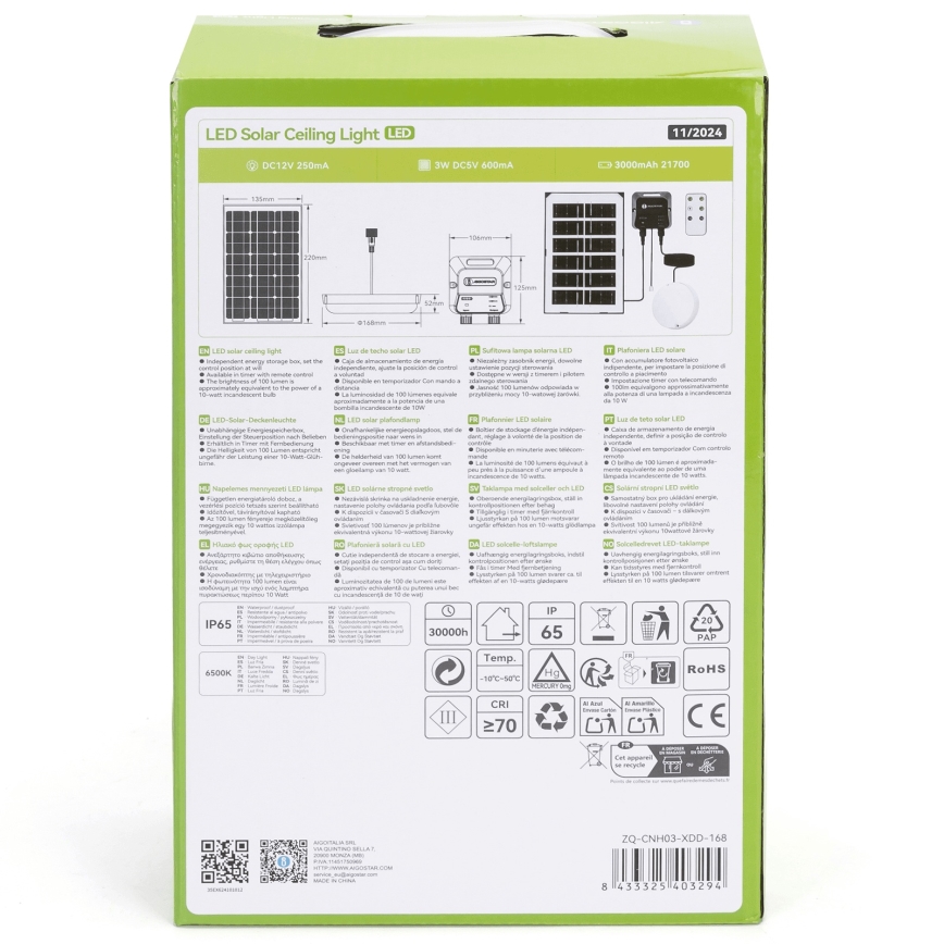Aigostar - LED-aurinkovalaisin LED/35W/12V 3000 mAh 6500K IP65 halkaisija 16,8 cm + kaukosäädin