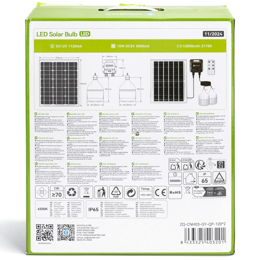 Aigostar - LED-aurinkokattovalaisin anturilla 2xLED/70W/12V 12000 mAh 6500K IP65 halkaisija 12 cm + kauko-ohjain