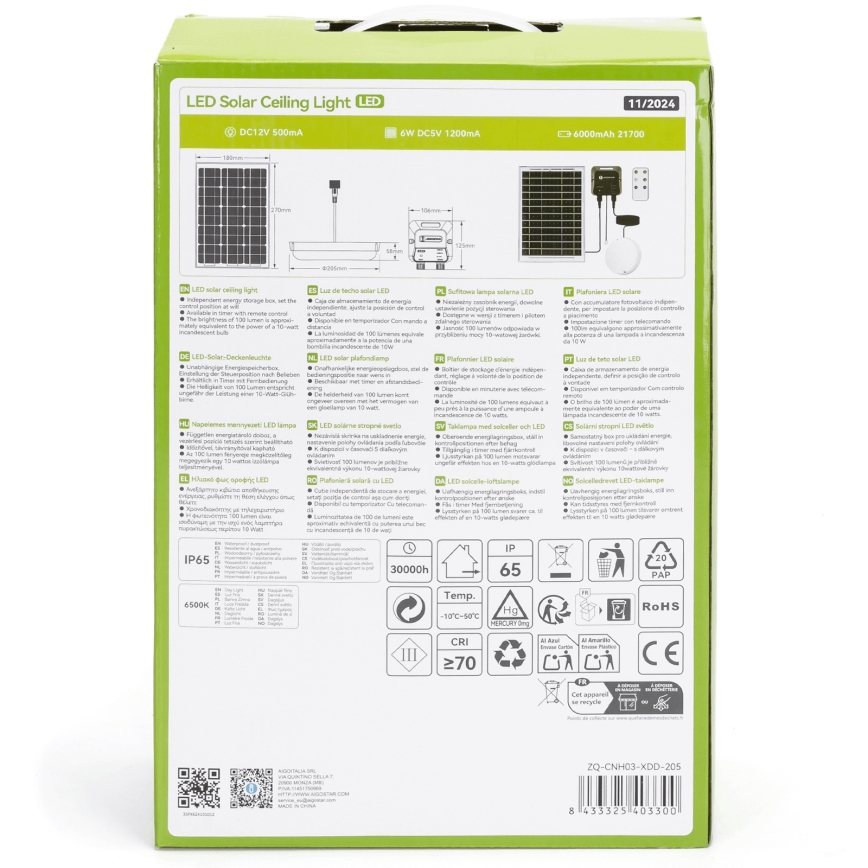 Aigostar - LED-aurinkovalaistus LED/70W/12V 6000 mAh 6500K halkaisija 20,5 cm + kauko-ohjaus