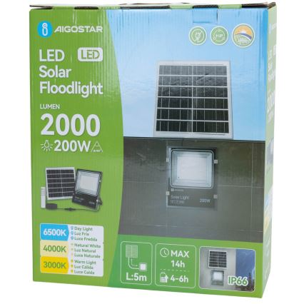 Aigostar - LED-himmennettävä aurinkokennavalo LED/200W/3,2V 3600mAh 3000K/4000K/6500K IP66 + kaukosäädin
