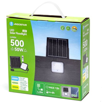 Aigostar - LED himmennettävä aurinkokohdevalaisin LED/50W/3,4V 3000/4000/6500K IP66 4000 mAh + kaukosäädin