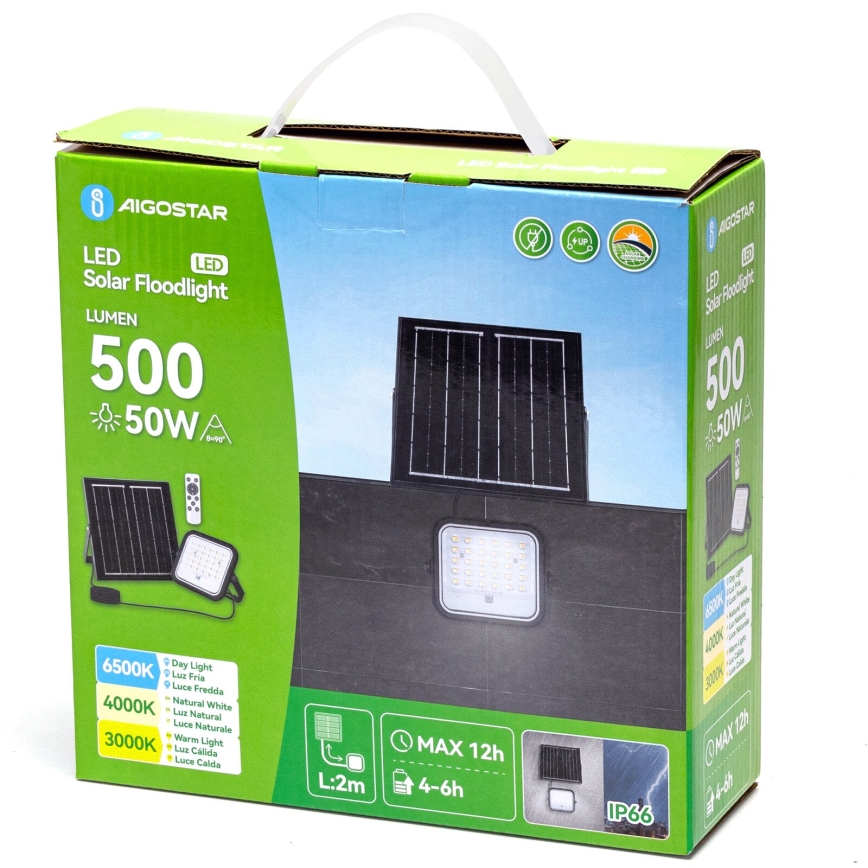 Aigostar - LED himmennettävä aurinkokohdevalaisin LED/50W/3,4V 3000/4000/6500K IP66 4000 mAh + kaukosäädin