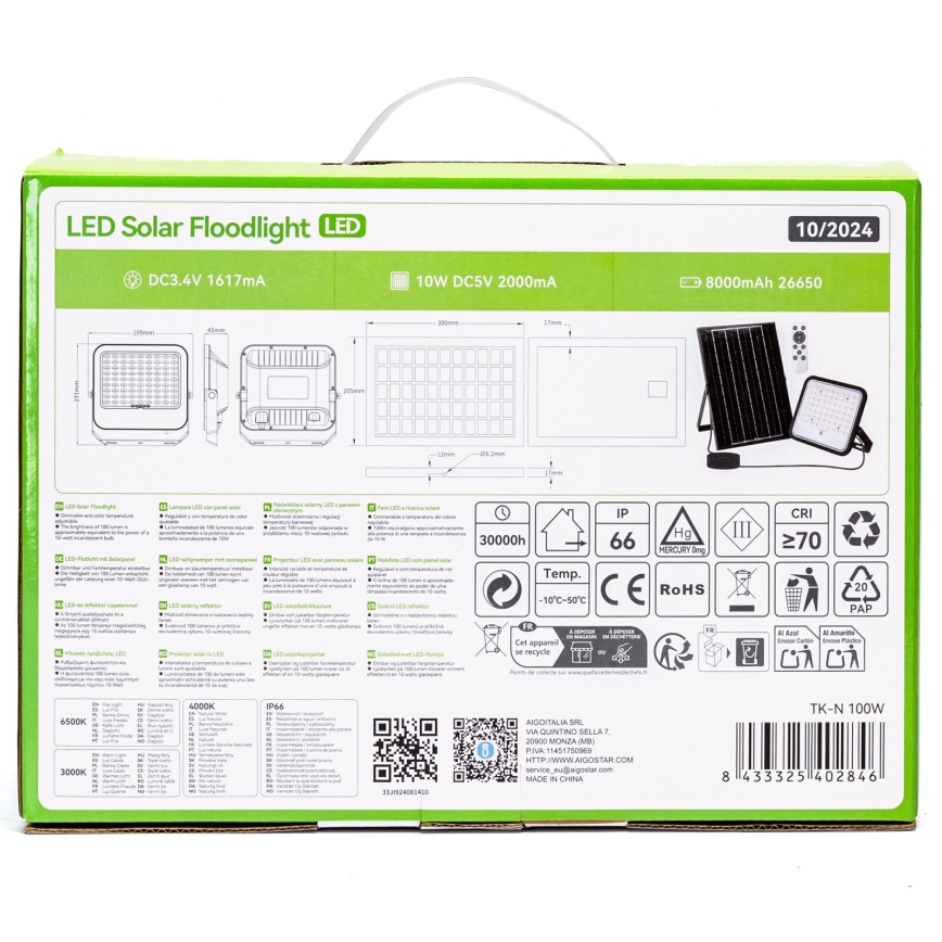 Aigostar - himmennettävä aurinkokäyttöinen LED-valonheitin LED/100W/3,4V 3000/4000/6500K IP66 8000 mAh + kaukosäädin