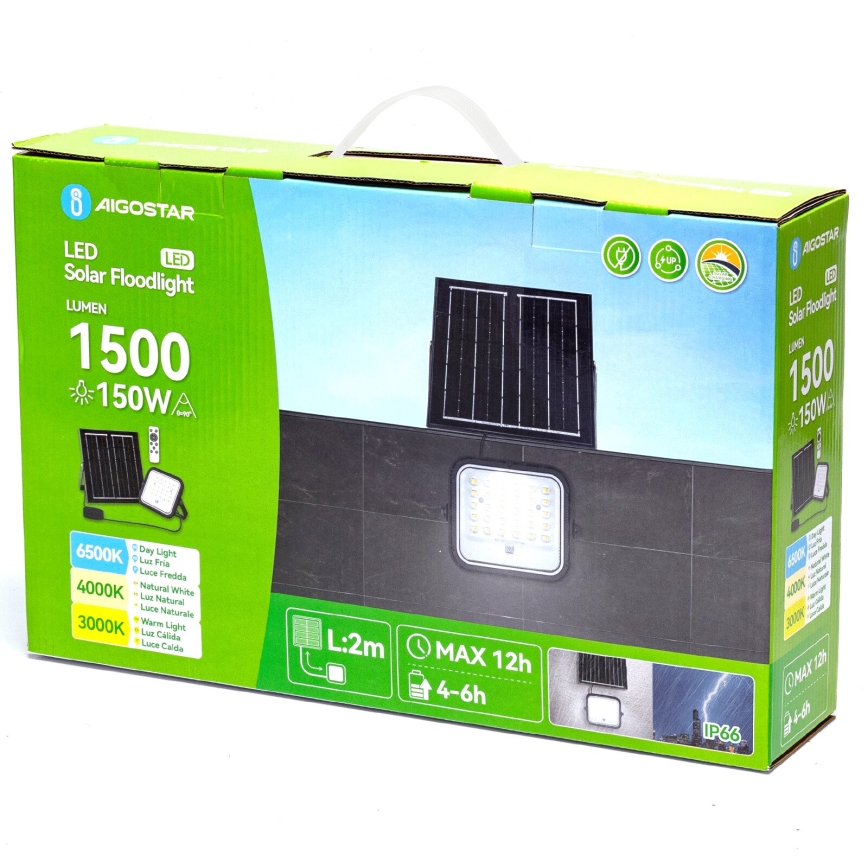 Aigostar - LED Himmennettävä aurinkokäyttöinen valonheitin LED/150W/3,4V 3000/4000/6500K IP66 12000 mAh + kaukosäädin