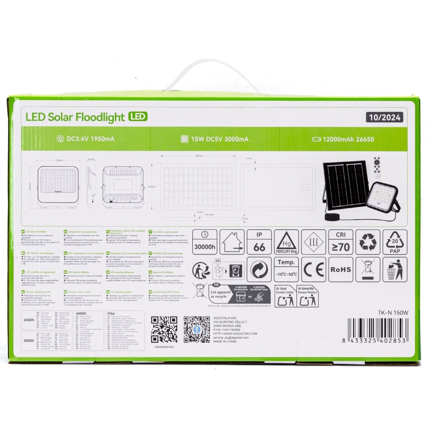 Aigostar - LED Himmennettävä aurinkokäyttöinen valonheitin LED/150W/3,4V 3000/4000/6500K IP66 12000 mAh + kaukosäädin