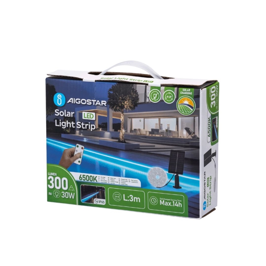 Aigostar - LED Himmennettävä aurinkokenno valonauha LED/1,6W/3,2V 3 m 1600 mAh 6500K IP65 + kauko-ohjaus