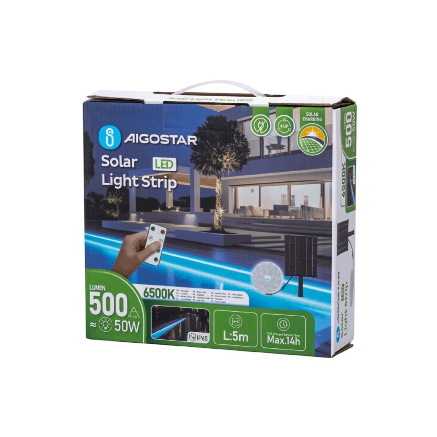 Aigostar - LED Himmennettävä aurinkokenno valonauha LED/5W/3,2V 5 m 6500K IP65 4000 mAh + kauko-ohjaus