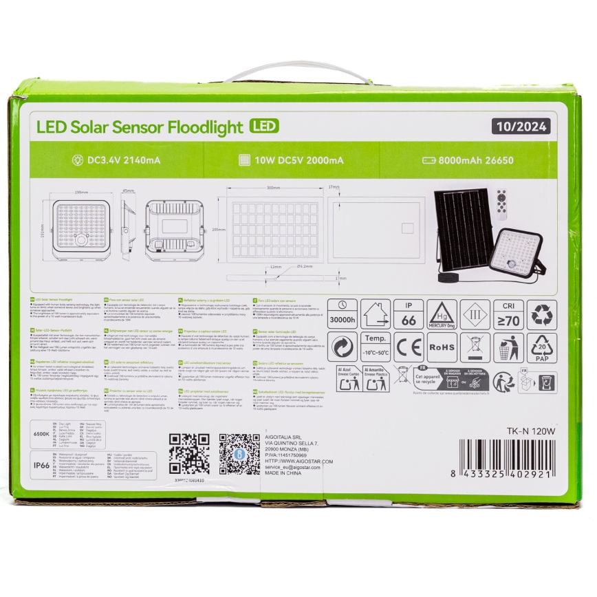 Aigostar - LED himmennettävä aurinkokohdevalo sensorilla LED/120W/3,4V 6500K IP66 8000 mAh + kaukosäädin