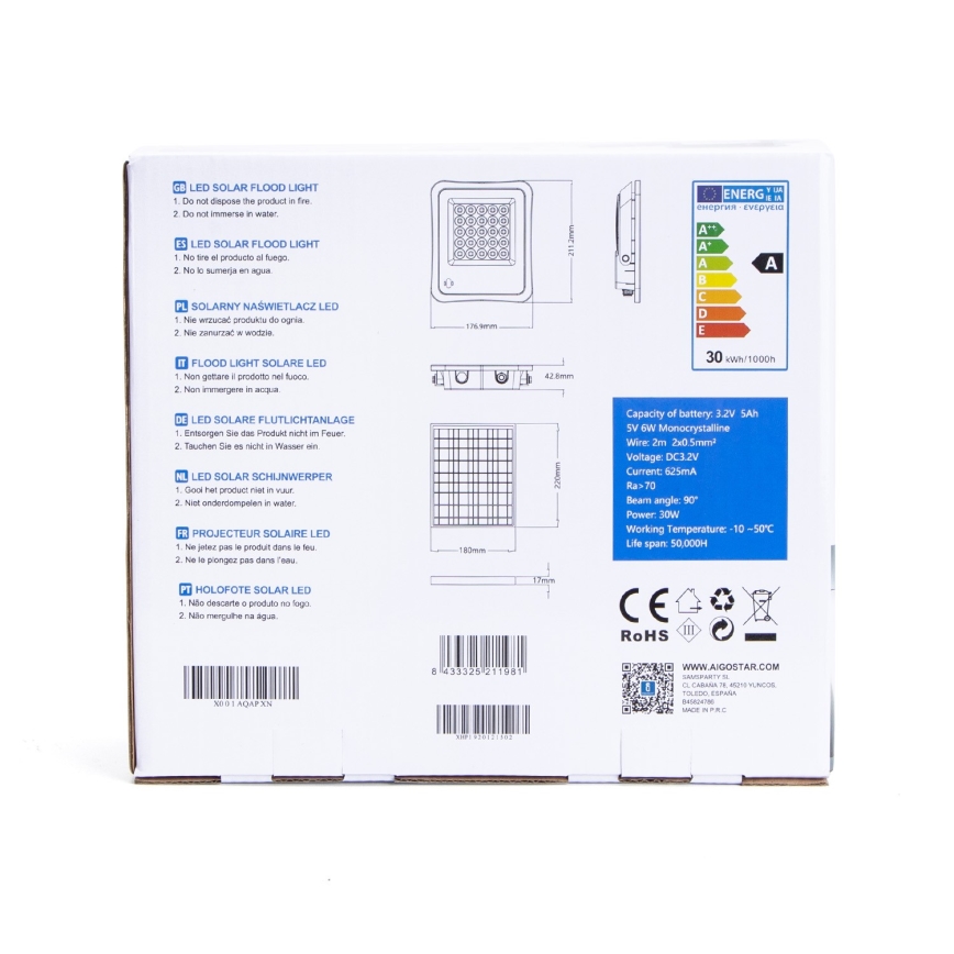 Aigostar - LED himmennettävä aurinkokohdevalo LED/30W/3,2V 20000 mAh IP67 + kaukosäädin