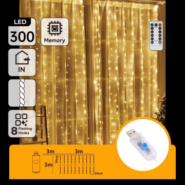 Aigostar - LED himmennettävä joulukoristesarja 300xLED/8 toimintoa USB 6x3m lämmin valkoinen + kaukosäädin