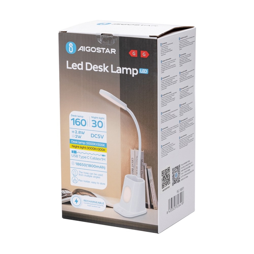 Aigostar - LED himmennettävä ladattava pöytävalaisin LED/2,8W/5V 1800mAh 3000/5000K valkoinen
