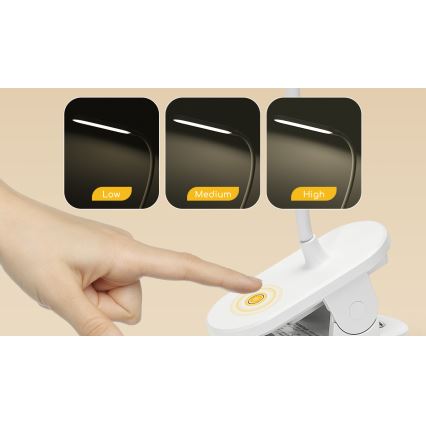 Aigostar - LED himmennettävä ladattava pöytälamppu klipsillä LED/2,5W/5V 1200mAh valkoinen