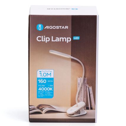 Aigostar - LED himmennettävä ladattava pöytälamppu klipsillä LED/2,5W/5V 1200mAh valkoinen