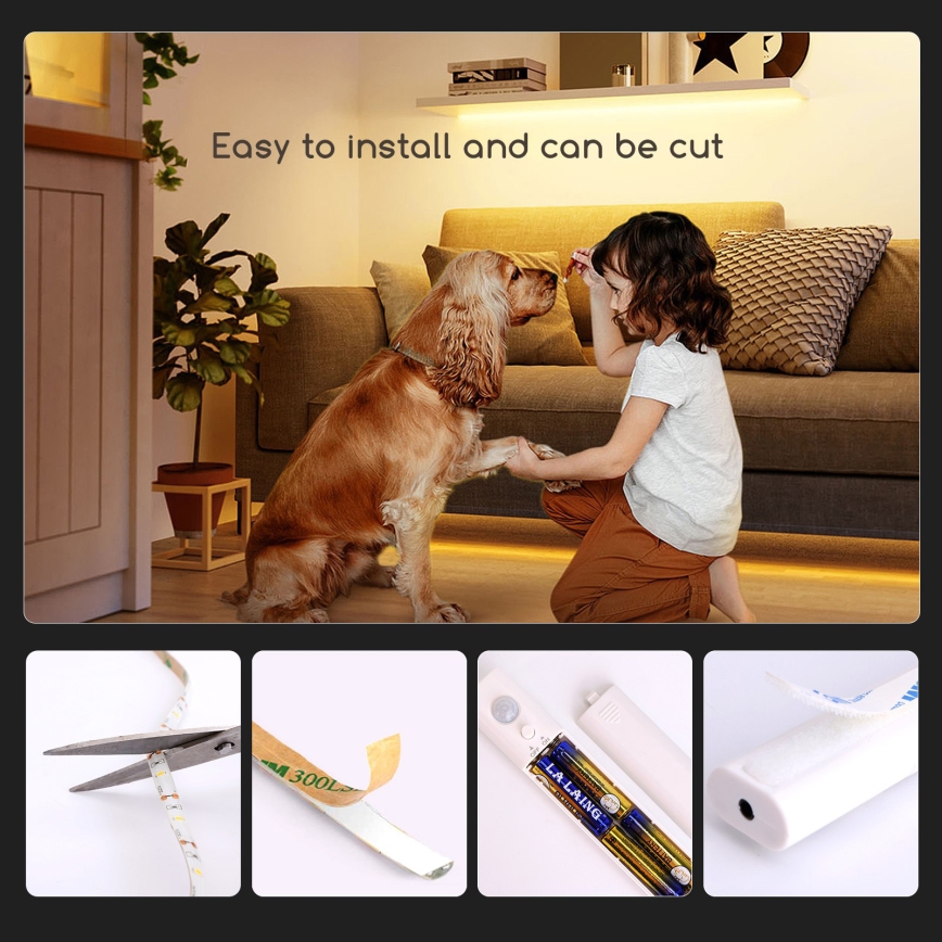 Aigostar - LED himmennettävä nauha anturilla 1m LED/2W/4xAAA 3000K IP65