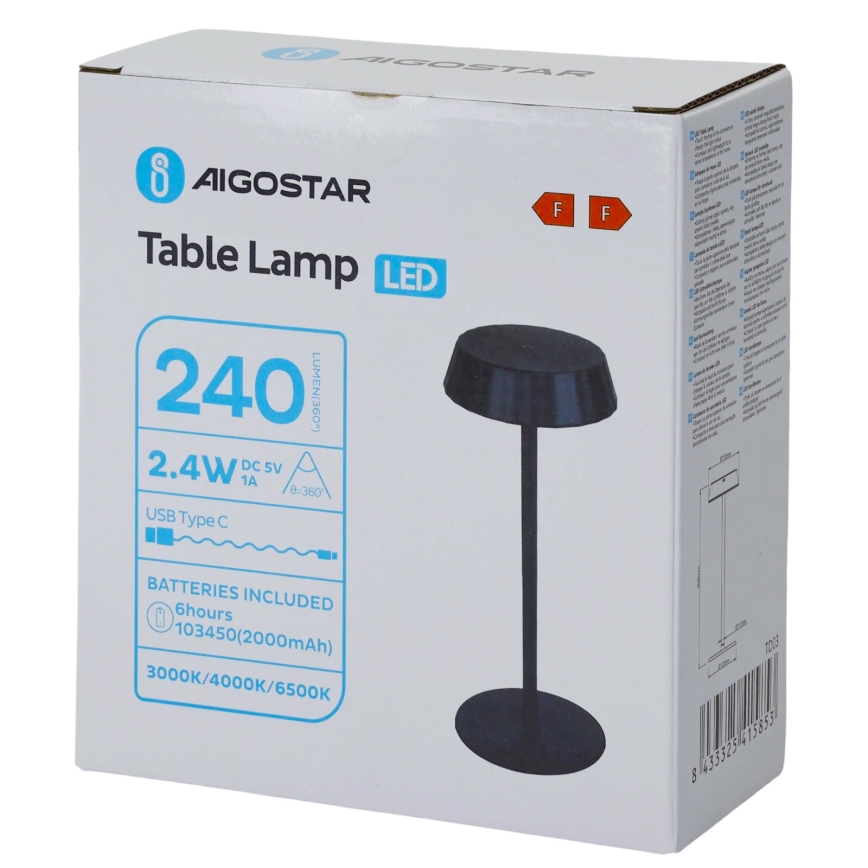 Aigostar - LED Himennettävä pöytälamppu AMBIENT LED/2,4W/5V 3000-6500K musta 2000 mAh
