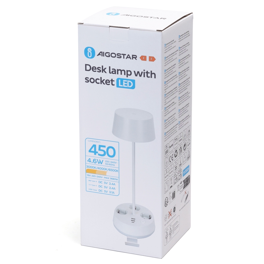 Aigostar - LED Himmennettävä pöytävalaisin pistorasioilla ja USB-portilla LED/4,6W/230V 3000/4000/6500K valkoinen