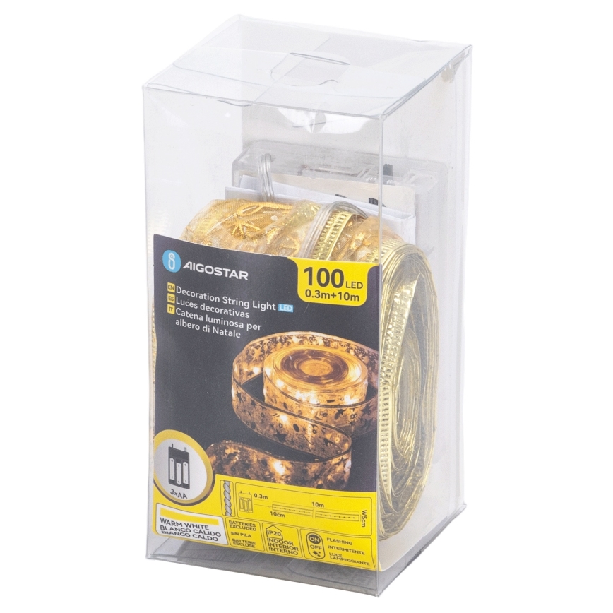 Aigostar - LED jouluketju 100xLED/3xAA 10 m lämmin valkoinen, kultainen