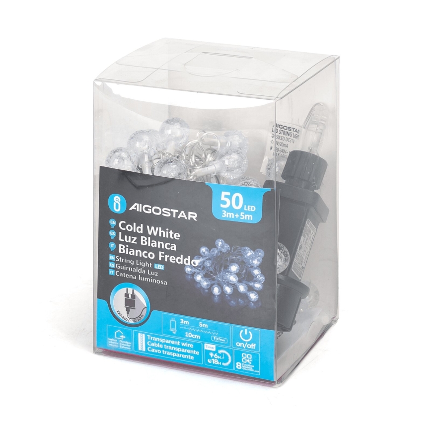 Aigostar - LED-jouluketju ulkokäyttöön 50xLED/8 toimintoa 8m IP44 kylmänvalkoinen