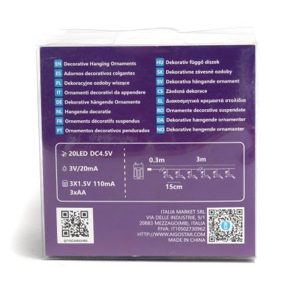 Aigostar - LED Joulukoristevalosarja 20xLED/3xAA 3,3m porot