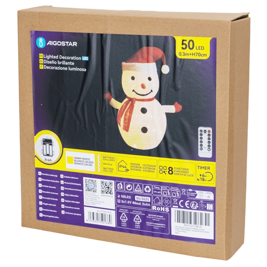 Aigostar - LED-joulukoriste ulkokäyttöön, 50 LED, 0,7 m, 3×AA, IP44, lumiukko + kauko-ohjain