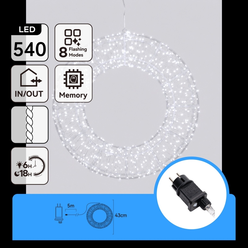Aigostar - LED-joulukoriste ulkokäyttöön 540xLED/6W/230V IP44 kylmänvalkoinen 45cm rengas
