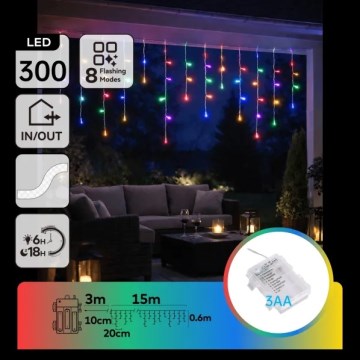 Aigostar - LED-joulukoristevalosarja ulkokäyttöön, 300 LED, 8 toimintoa, 3xAA, 18x0,6 m, IP44, monivärinen