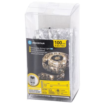 Aigostar - LED-jouluvaloketju 100xLED/3xAA 10 m lämmin valkoinen hopeanvärinen