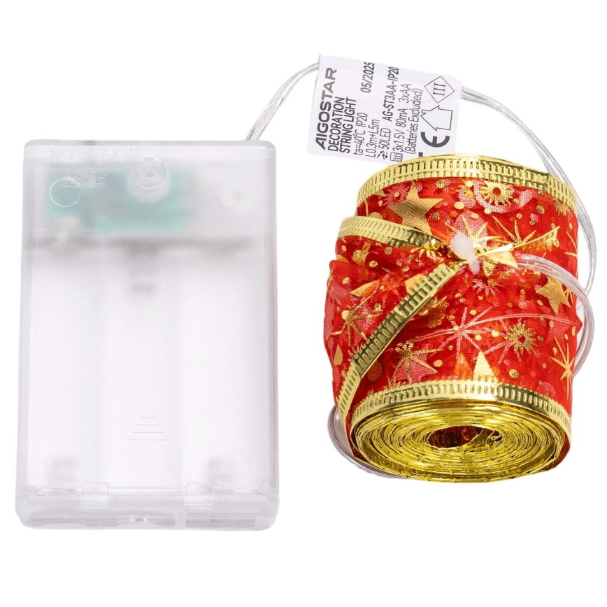 Aigostar - LED-jouluvaloketju 50xLED/3xAA 5 m, lämmin valkoinen, punainen