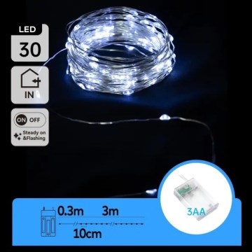 Aigostar - LED jouluvalosarja 30xLED/3xAA 3,3 m kylmänvalkoinen