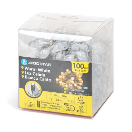 Aigostar - LED-jouluvalosarja ulkokäyttöön 100 LED/8 toimintoa 13 m IP44 lämmin valkoinen