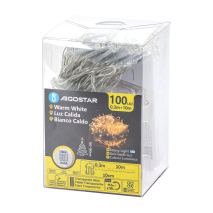 Aigostar - LED-jouluvalosarja ulkokäyttöön, 100 LED/8 toimintoa, 3 x AA, 10,3 m, IP44, lämmin valkoinen