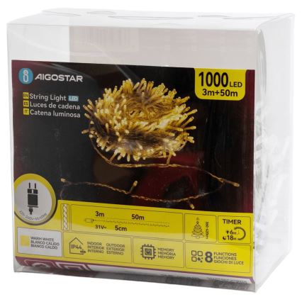 Aigostar - LED-ulkovalosarja jouluksi 1000xLED/8 toimintoa 50m IP44 lämmin valkoinen