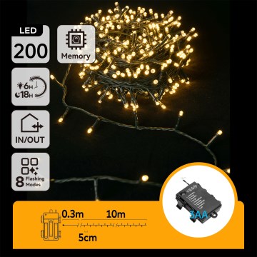Aigostar - LED-jouluvalosarja ulkokäyttöön 200 LED / 8 toimintoa, 3×AA, 10,3 m, IP44, lämmin valkoinen