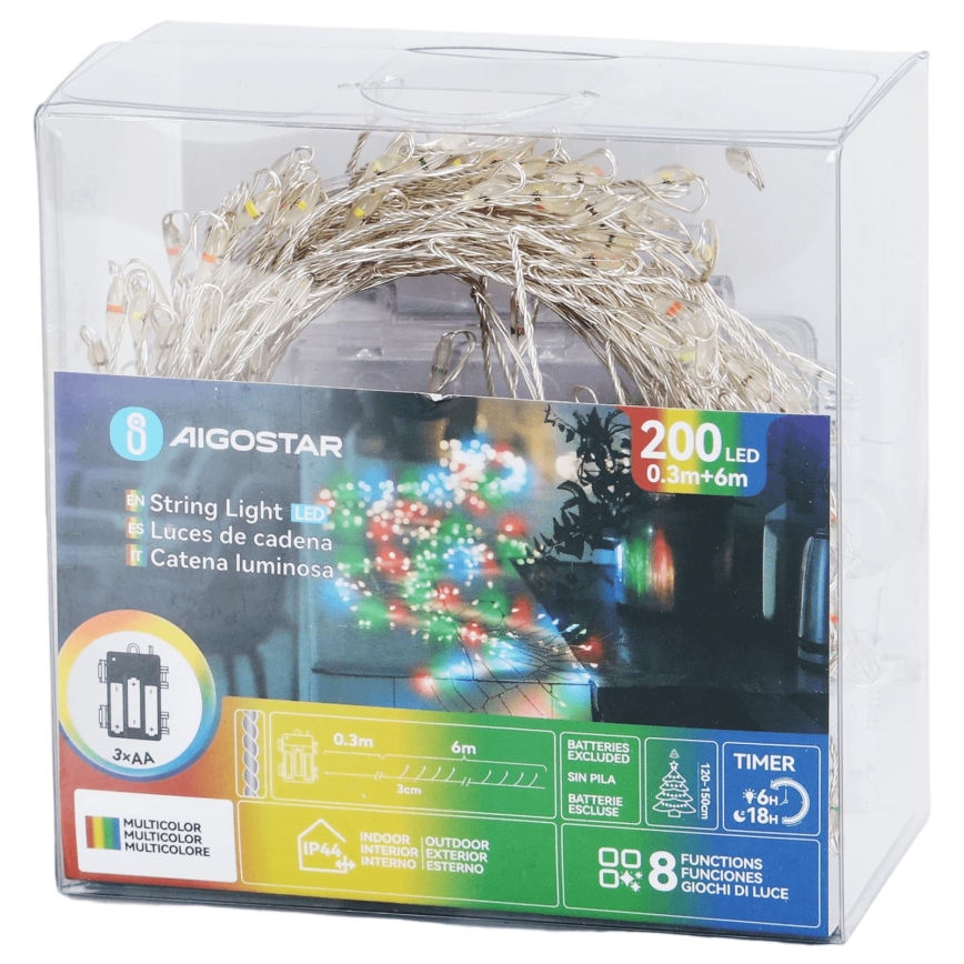 Aigostar - LED jouluvalosarja ulkokäyttöön 200xLED/8 toimintoa 3xAA 6,3m IP44 monivärinen