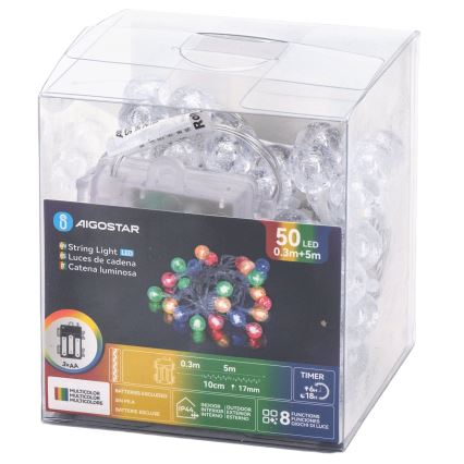Aigostar - LED-jouluvalosarja ulkokäyttöön, 50 LED, 8 toimintoa, 3xAA, 5,3 m, IP44, monivärinen
