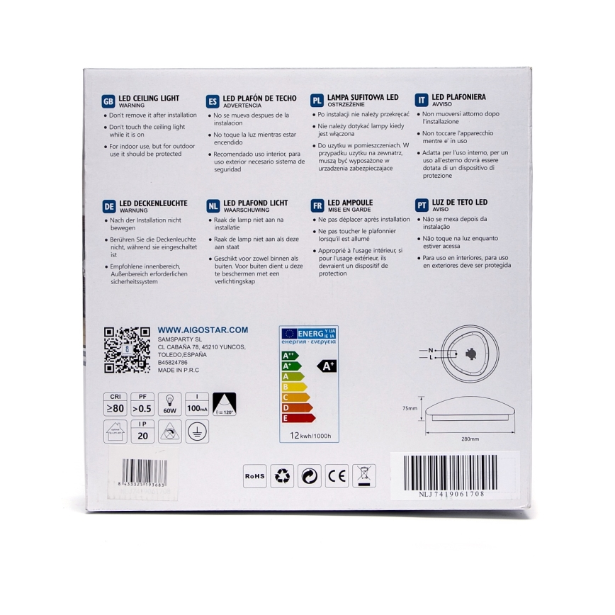 Aigostar - LED-kattovalaisin, 12 W / 230 V, 3000 K, halkaisija 28 cm