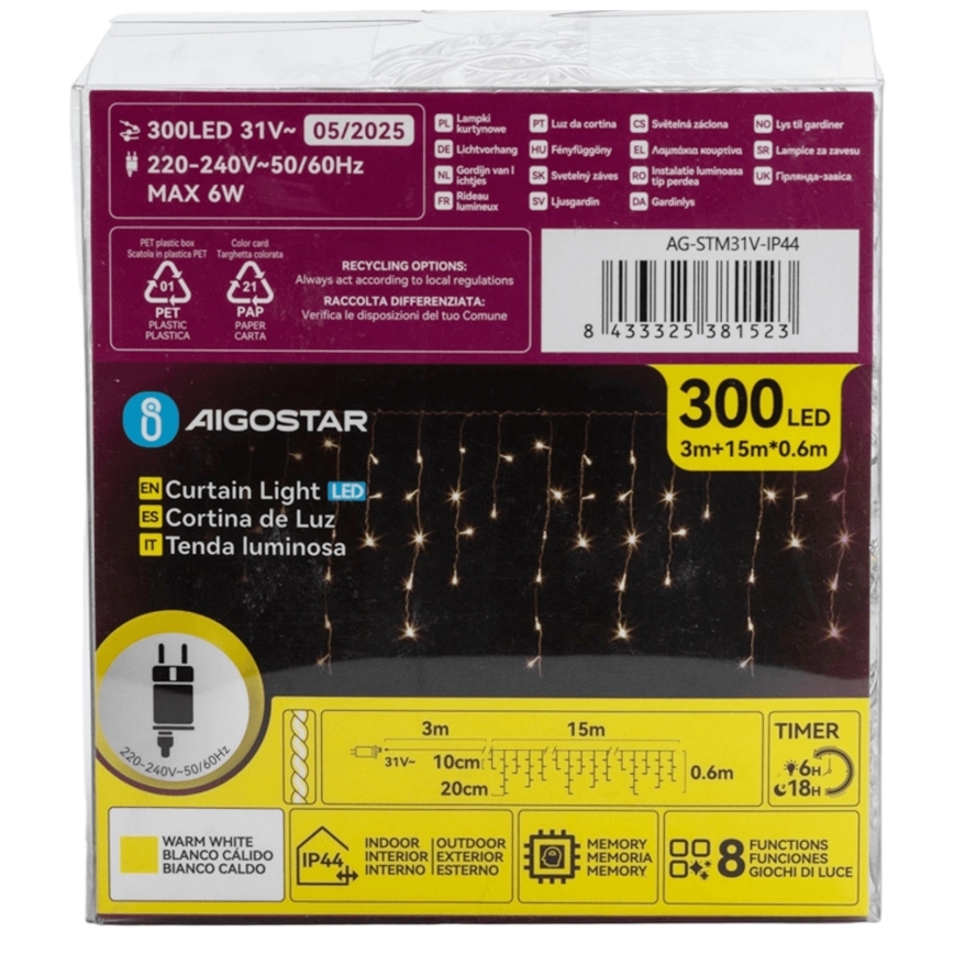 Aigostar - LED koristeketju ulkokäyttöön 75xLED/6W/230V 15x0,6m IP44 lämpimänvalkoinen