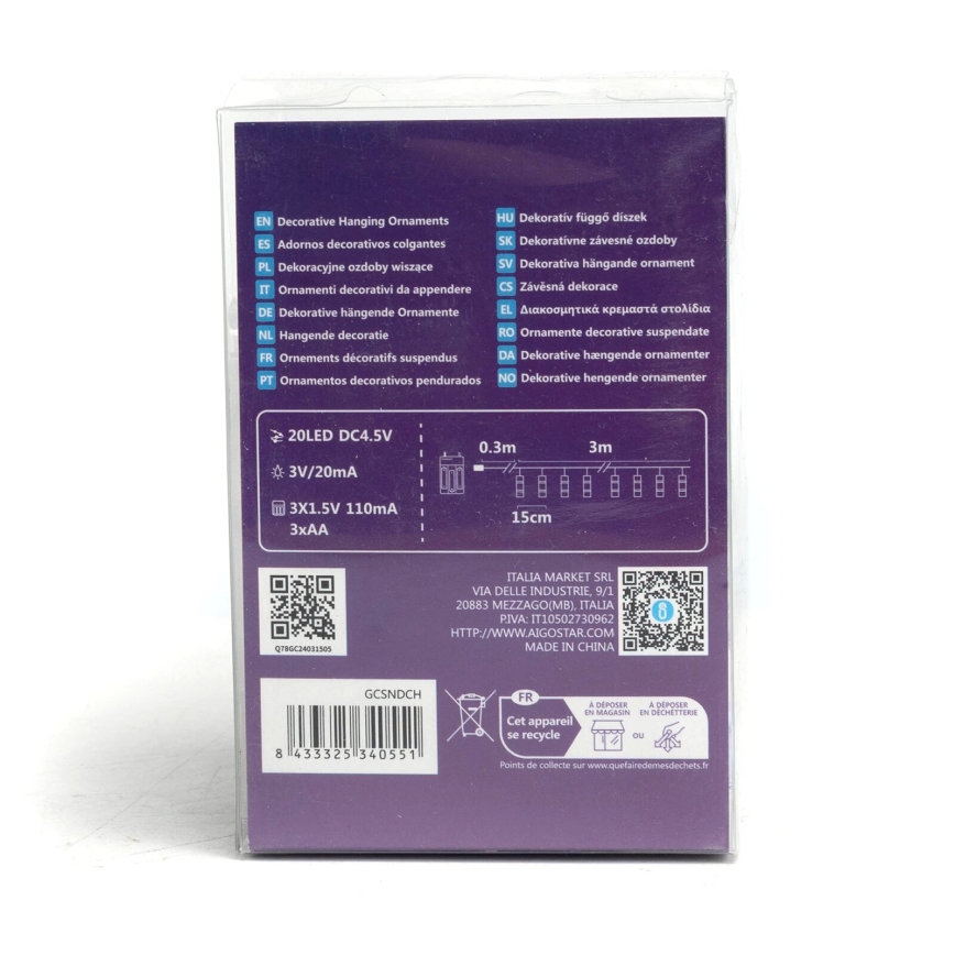 Aigostar - LED-koristesarja pyykkipojilla 20xLED/3xAA 3,3 m lämmin valkoinen