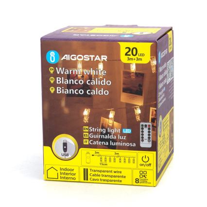 Aigostar - LED-koristevaloketju 20xLED/5W/USB 6 m lämmin valkoinen