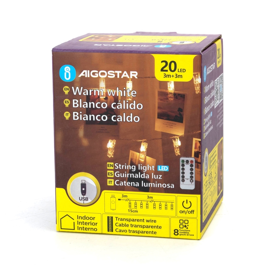 Aigostar - LED-koristevaloketju 20xLED/5W/USB 6 m lämmin valkoinen