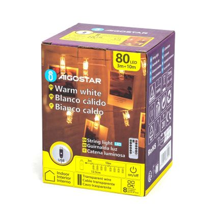 Aigostar - LED-koristevaloketju 80xLED/5W/USB 13 m lämmin valkoinen