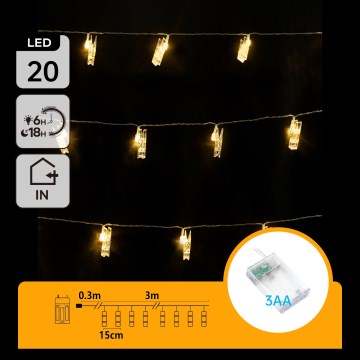 Aigostar - LED koristevaloketju klipseillä 20xLED/3xAA 3,3m lämmin valkoinen