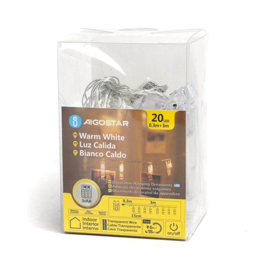 Aigostar - LED koristevaloketju klipseillä 20xLED/3xAA 3,3m lämmin valkoinen