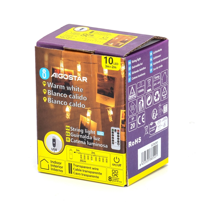 Aigostar - LED-koristevalosarja 10xLED/5W/USB 5 m lämmin valkoinen